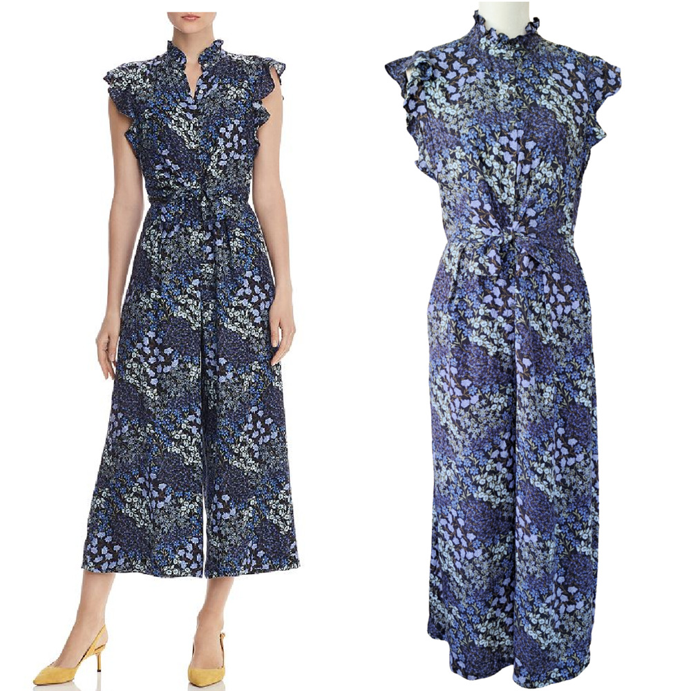 Rebecca Taylor Ava Dainty Blue Floral Silk Jumpsuit Sz 10 Wide Leg Crop Ruffle